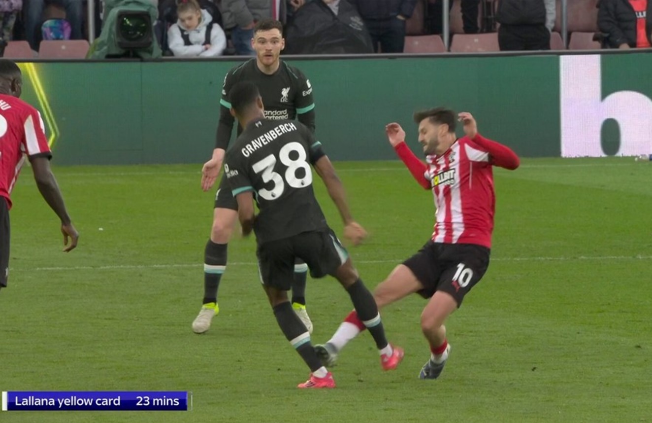 Adam Lallana was booked for this foul on Ryan Gravenberch