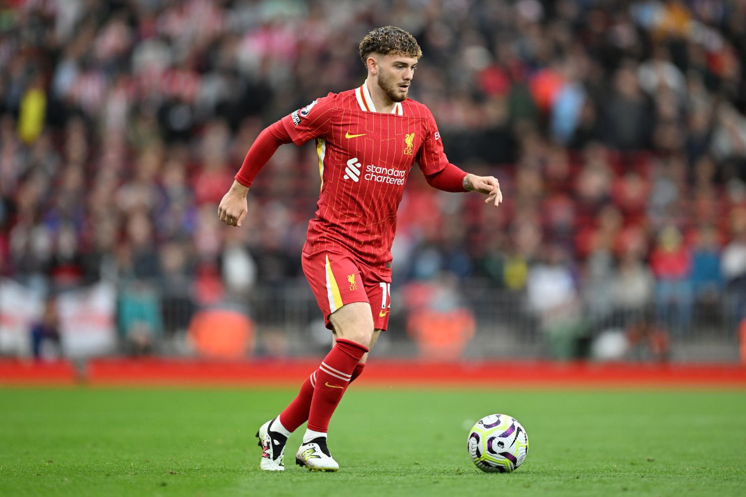 Harvey Elliott plays for Liverpool at Anfield