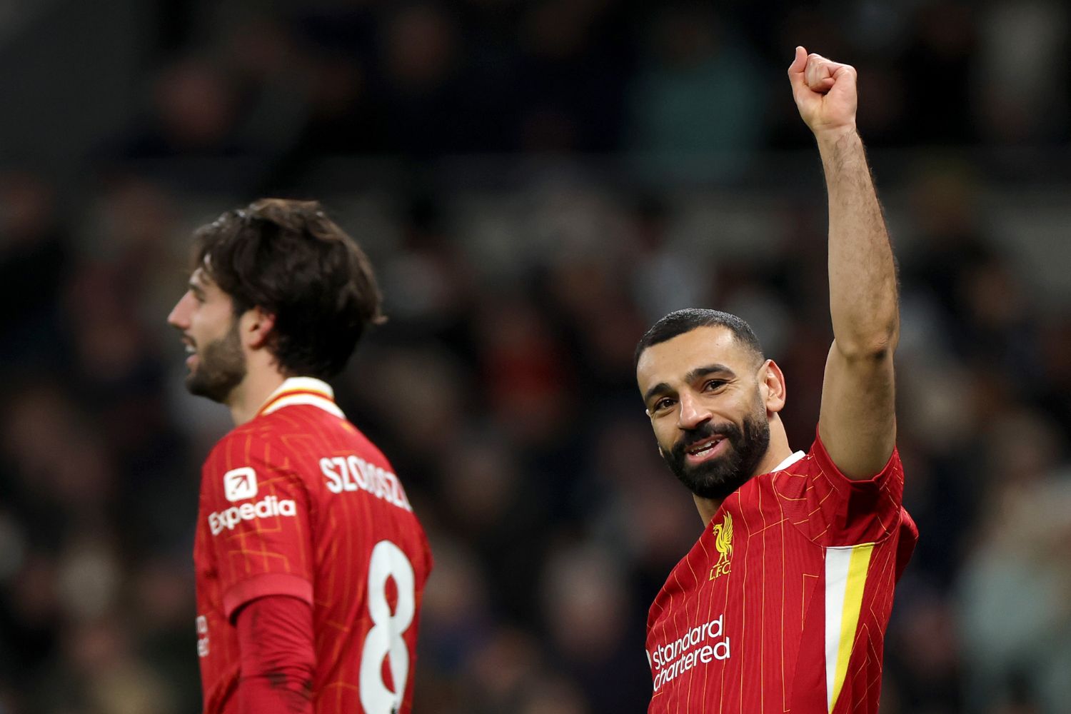 Mo Salah celebrates with Dominik Szoboszlai against Spurs