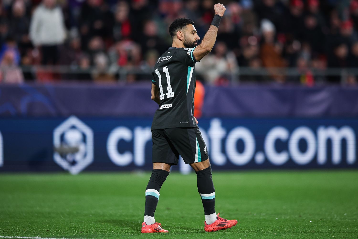 Mo Salah celebrates scoring against Girona