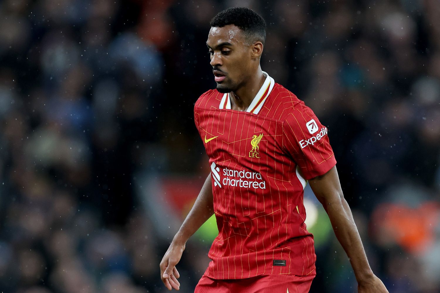 Ryan Gravenberch plays for Liverpool at Anfield