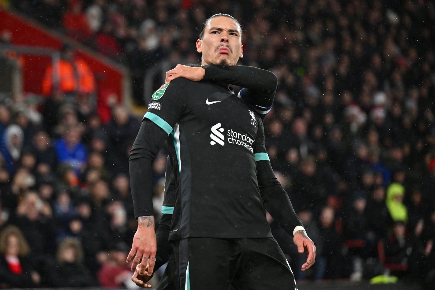 Darwin Nunez celebrates scoring in the Carabao Cup quarter final