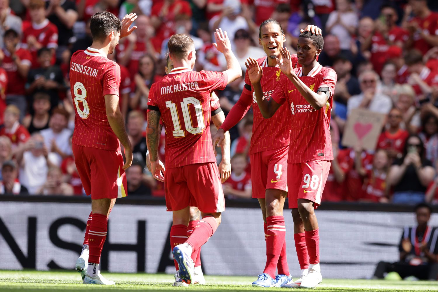 Trey Nyoni celebrates with Liverpool teammates at Anfield