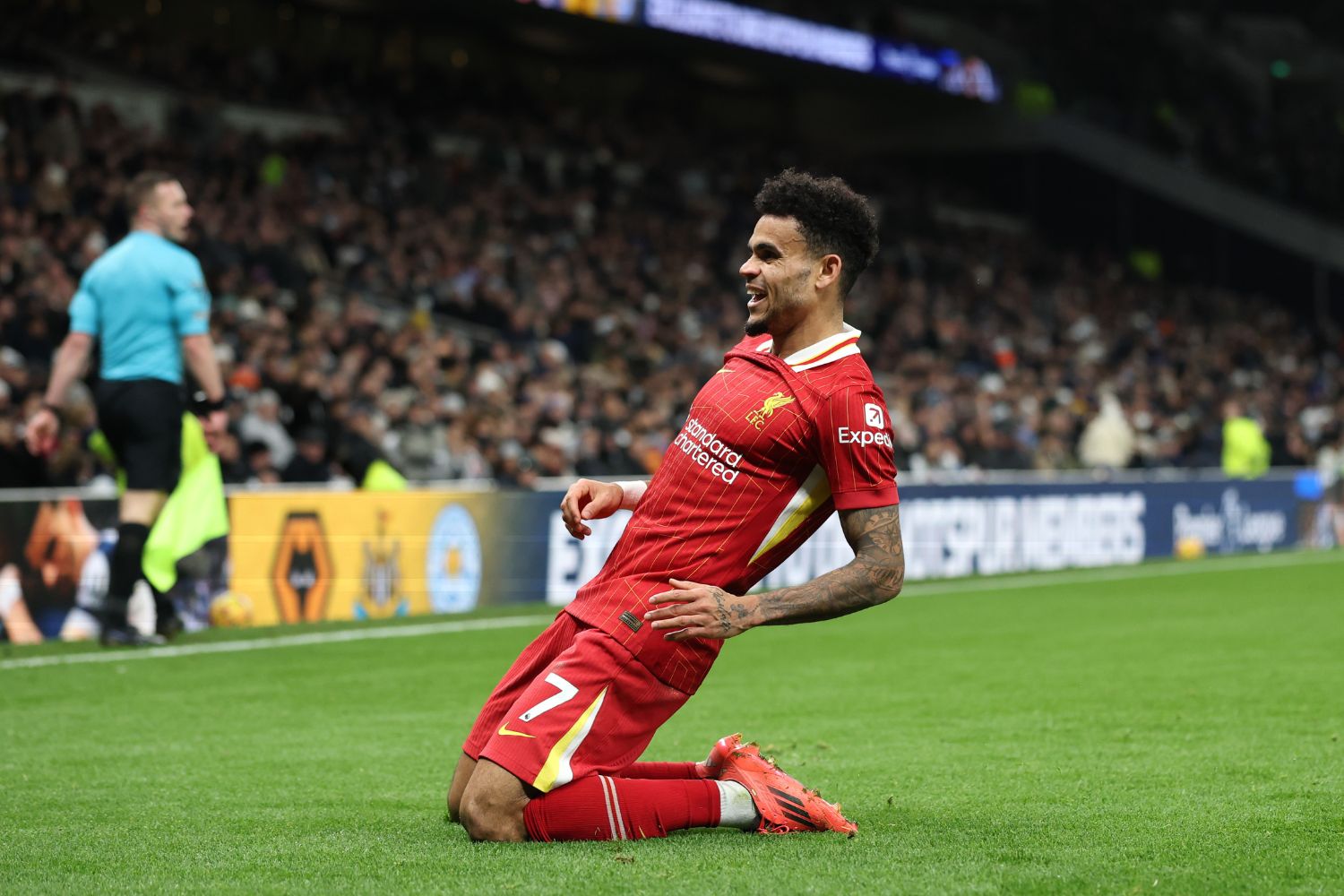 Luis Diaz celebrates scoring against Tottenham