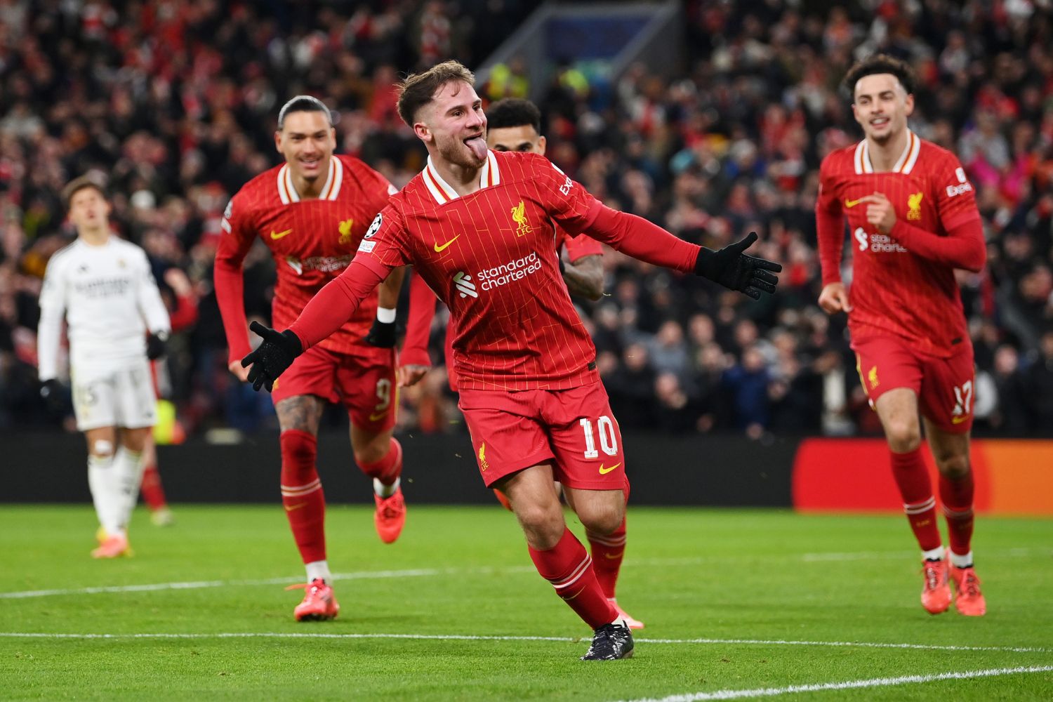 Alexis Mac Allister scores against Real Madrid at Anfield