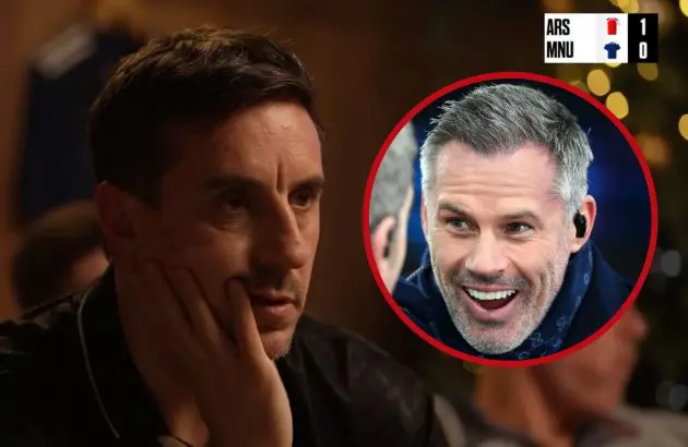 A despondent Gary Neville and jubilant Jamie Carragher.