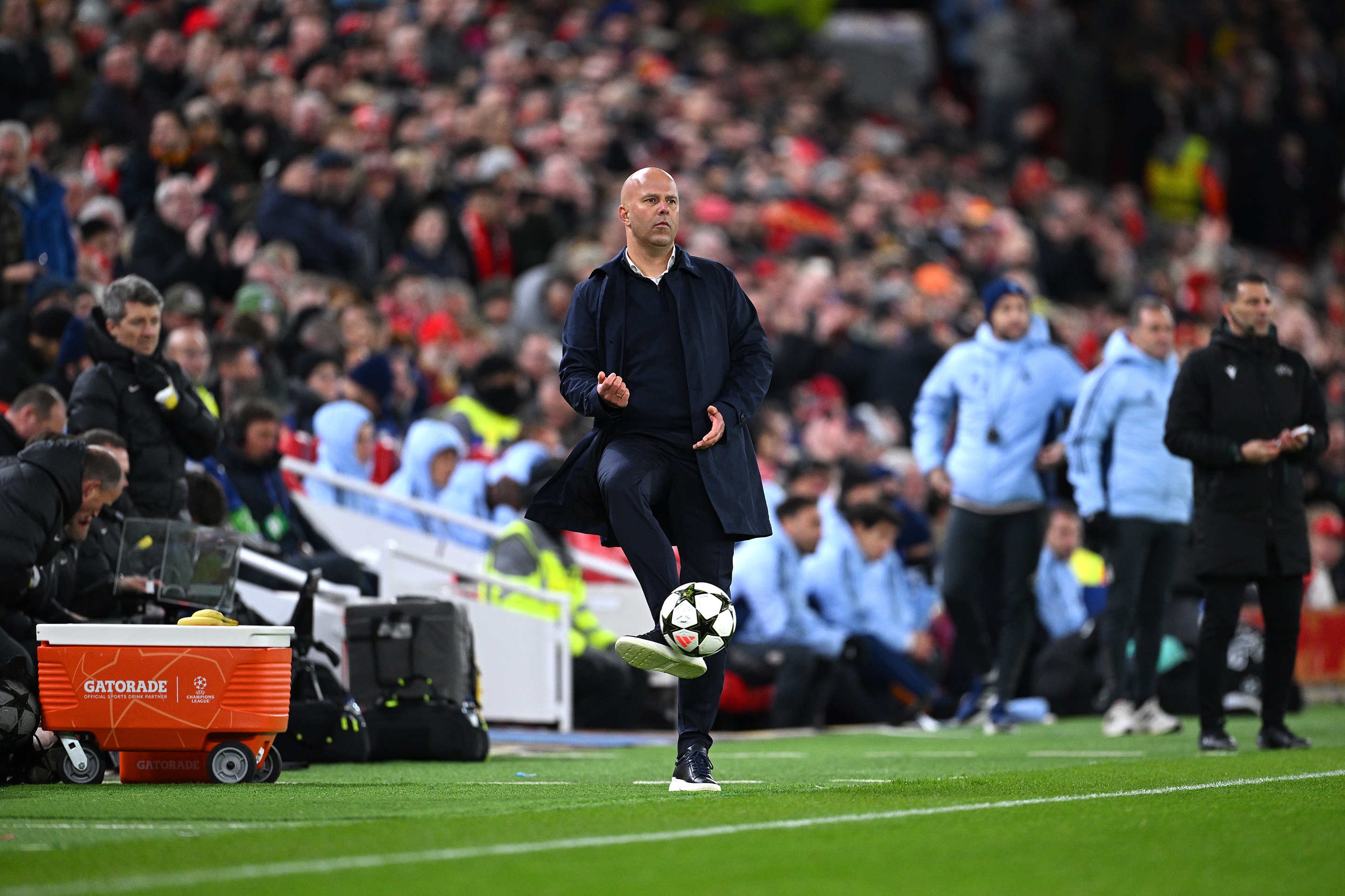 Arne Slot controls the ball during Liverpool v Real Madrid.