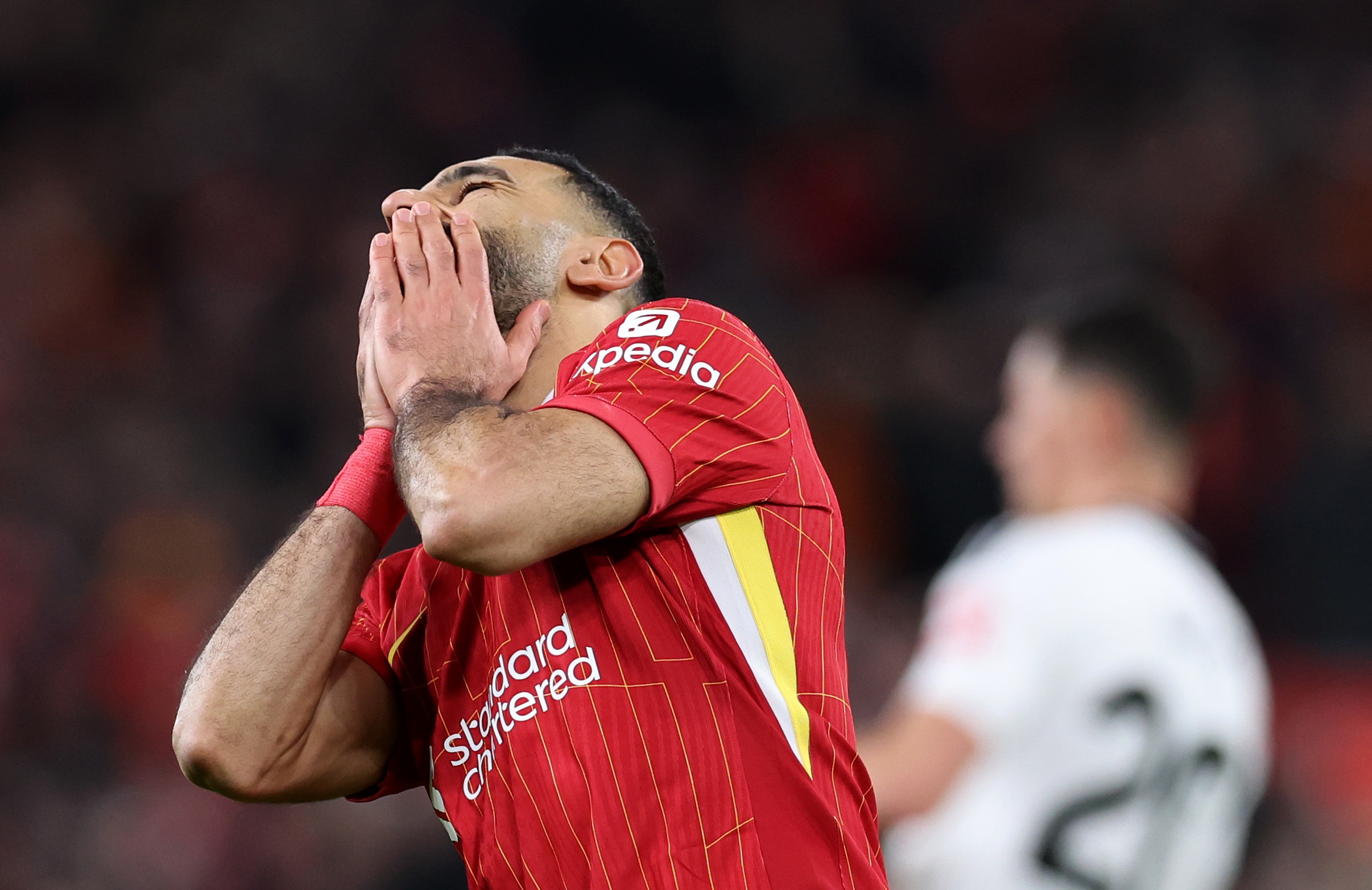 Mo Salah reacts with frustration during Liverpool v Fulham.