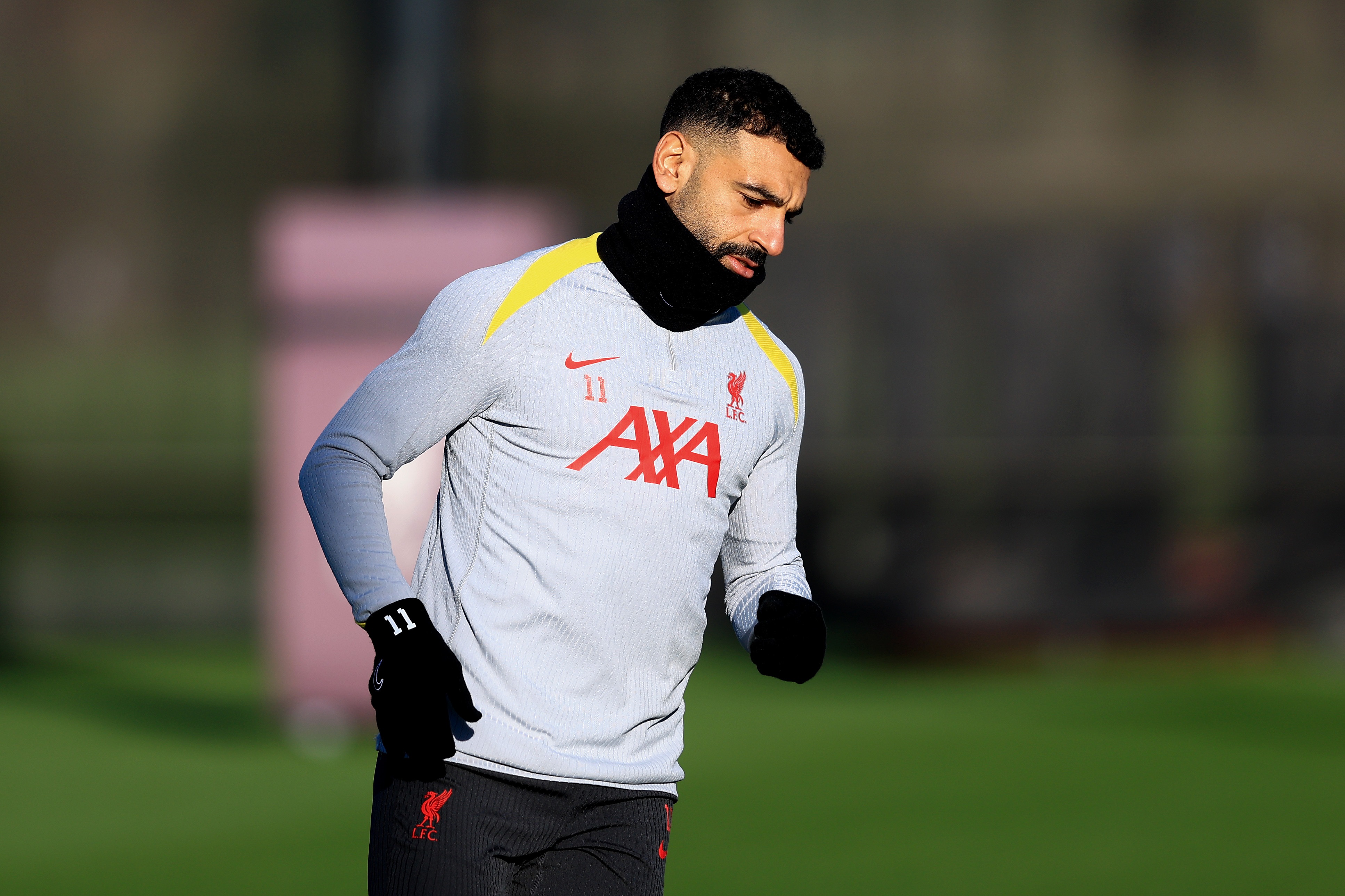 Mo Salah in a team training session at the AXA training centre.