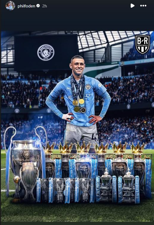 A photoshopped image of Phil Foden's career trophies