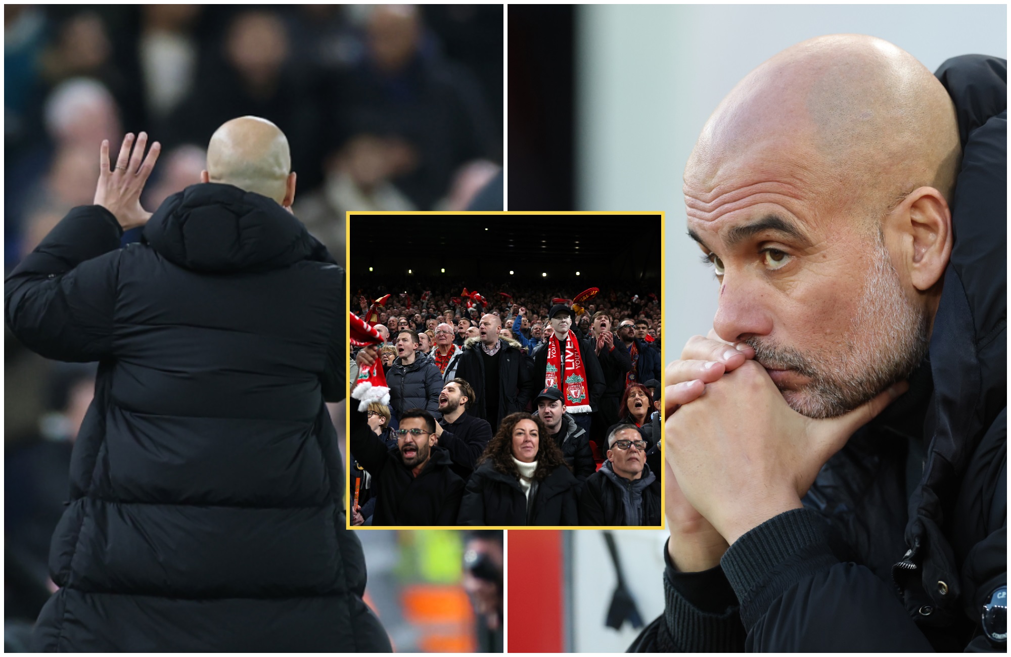 Pep Guardiola reacts to Liverpool fans chant.