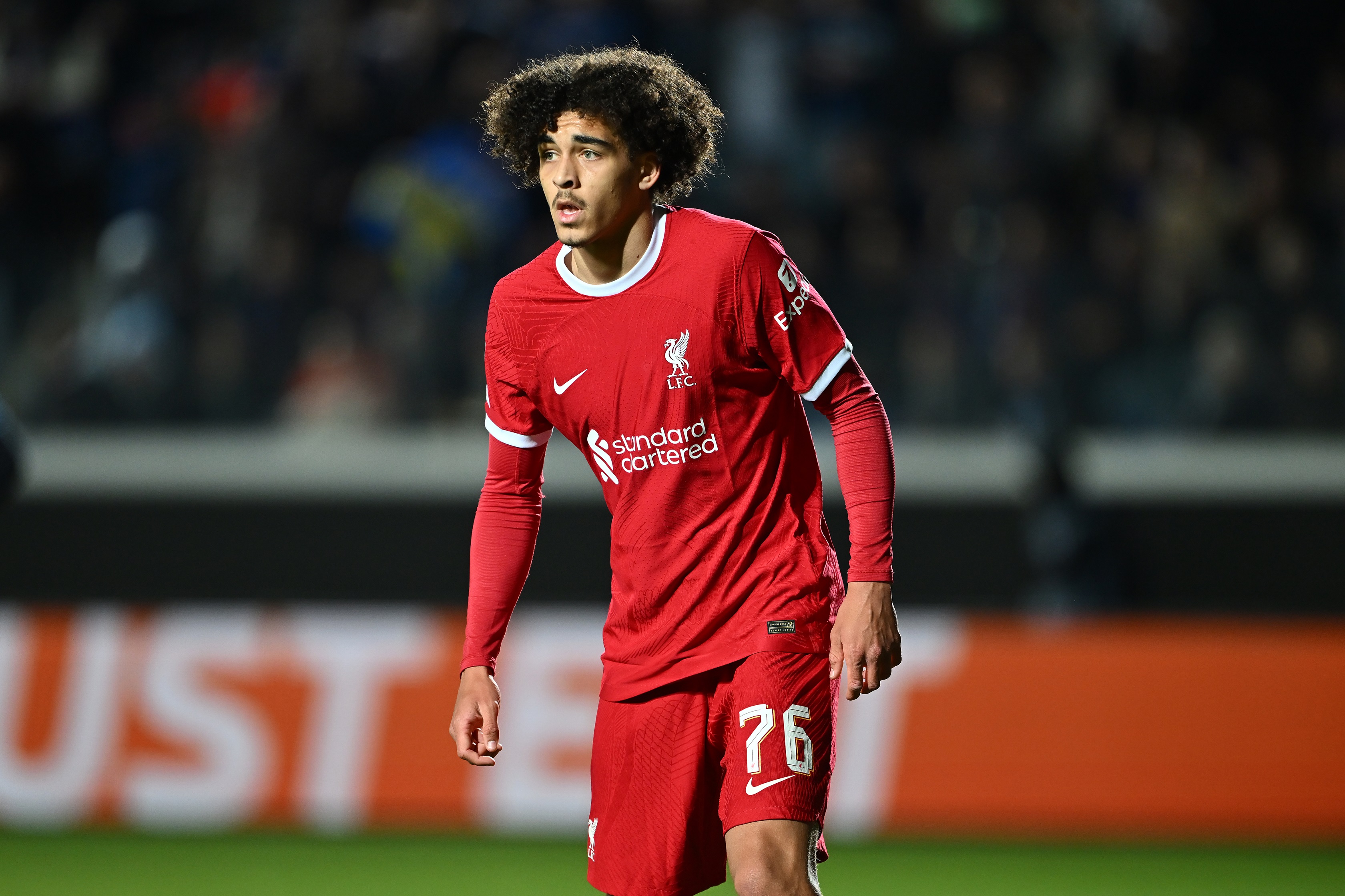 Jayden Danns playing for Liverpool against Atalanta.