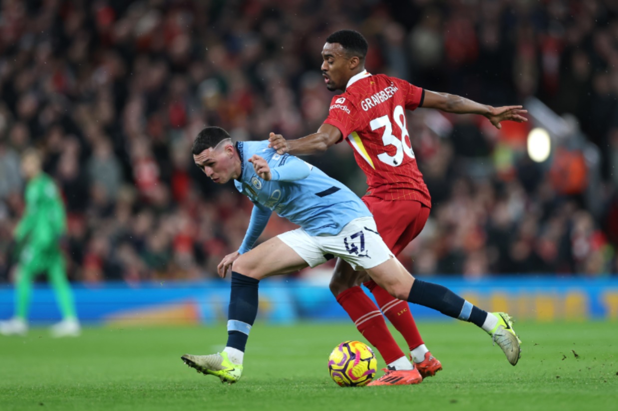 Ryan Gravenberch turned past Phil Foden with ease during the first half at Anfield