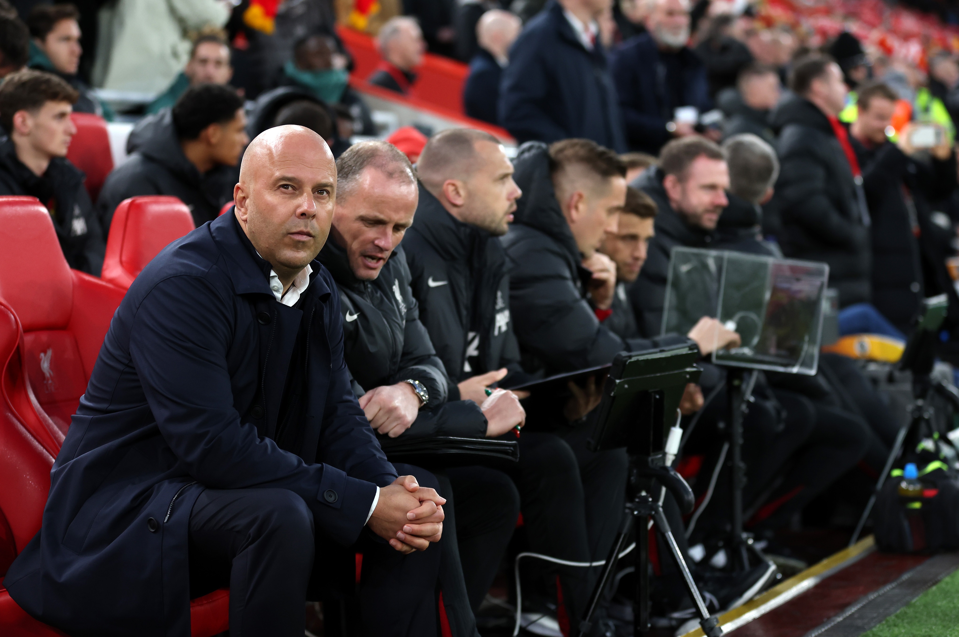 Arne Slot and his coaching staff ahead of Liverpool v Manchester City.