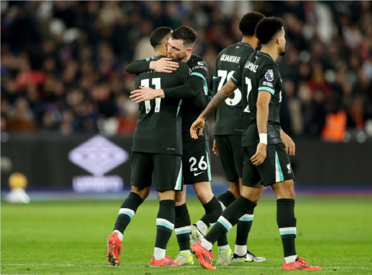 Liverpool celebrate one of their five goals against West Ham on Sunday