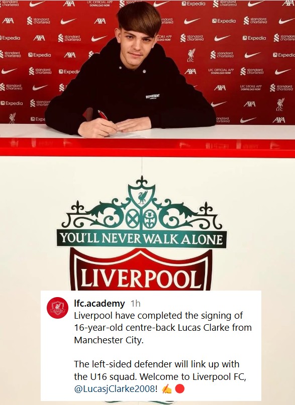 Liverpool have signed Lucas Clarke from Manchester City's academy