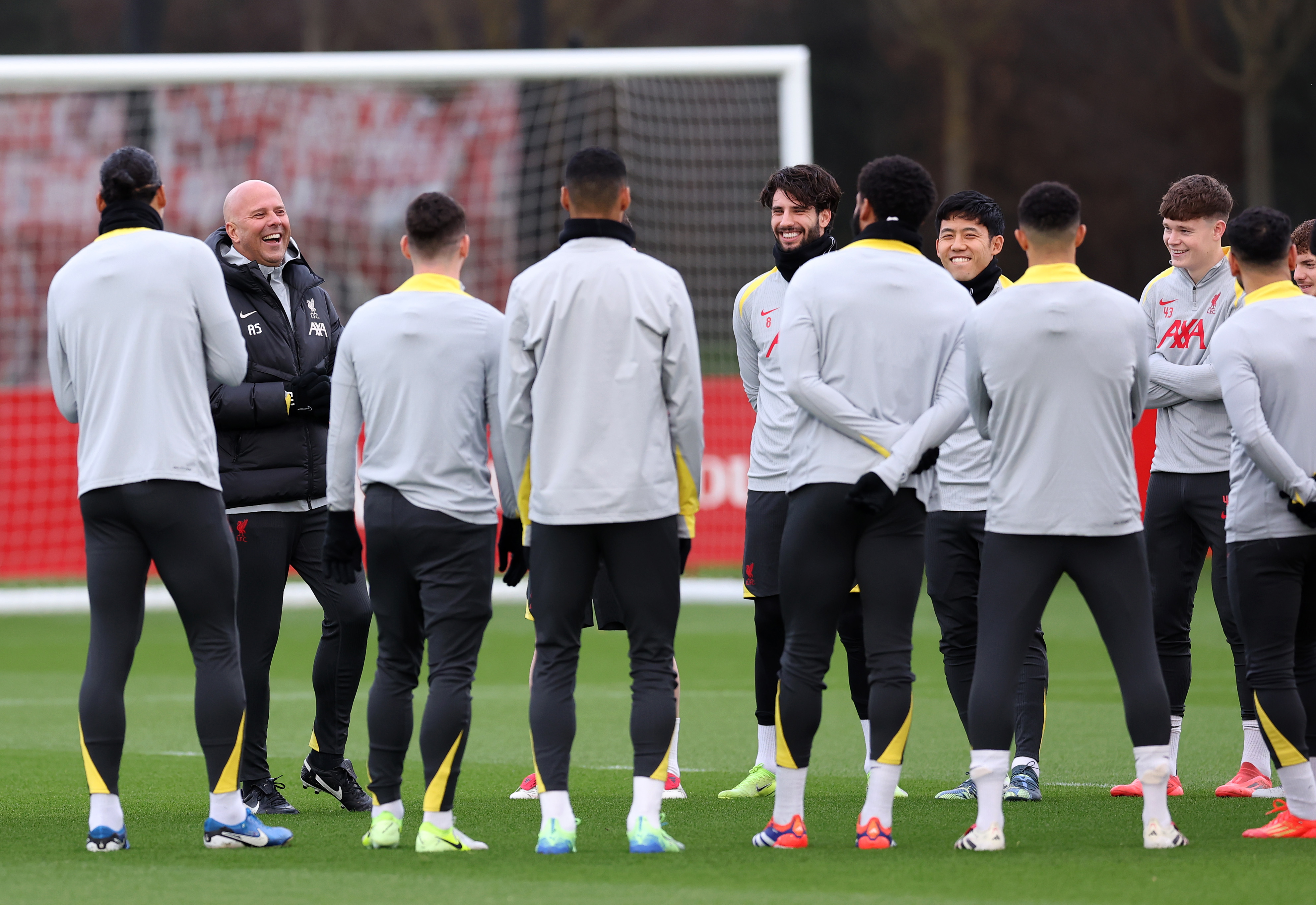 Arne Slot addresses his Liverpool players at the AXA Training Centre