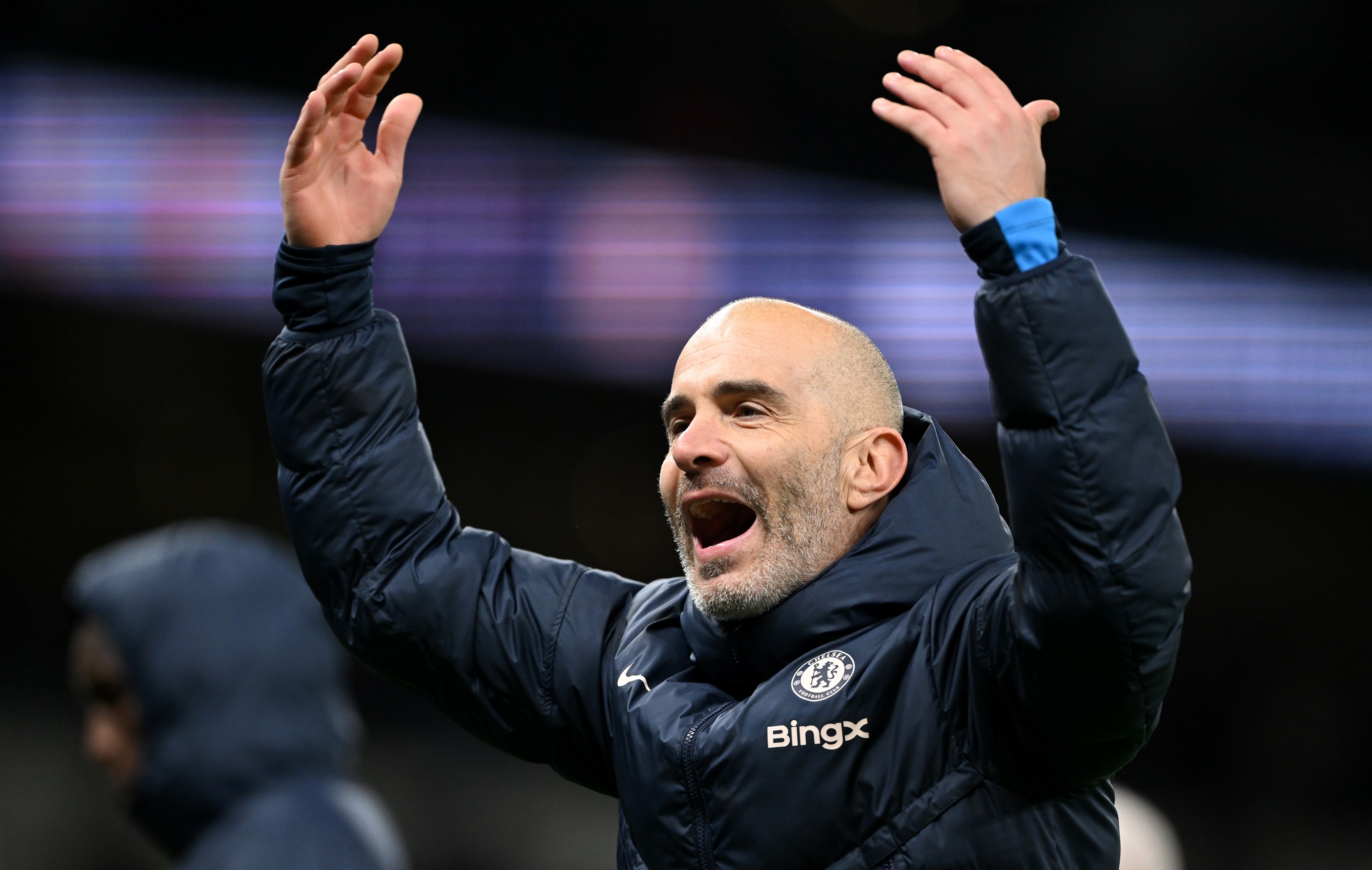 A jubilant Enzo Maresca celebrates Chelsea beating Tottenham.