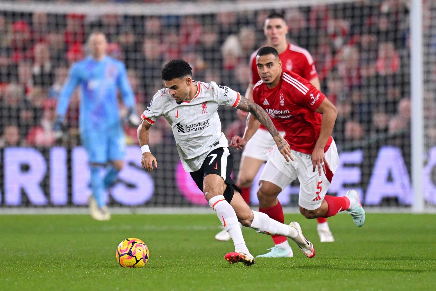 Luis Diaz in action against Nottingham Forest