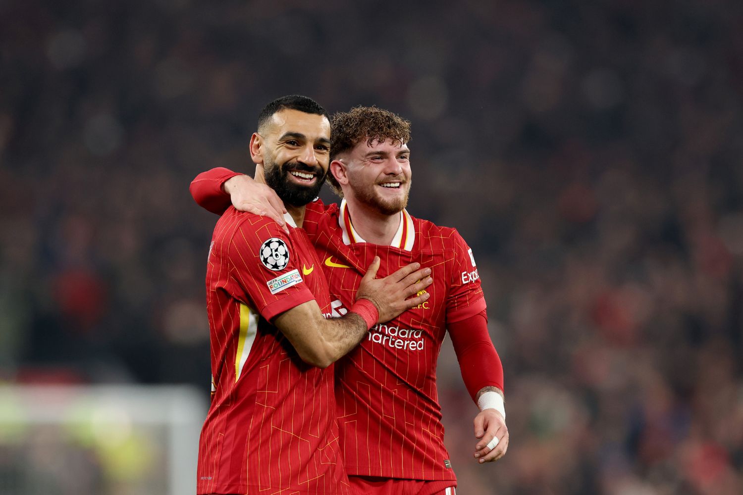 Mo Salah and Harvey Elliott during Liverpool's win over Lille