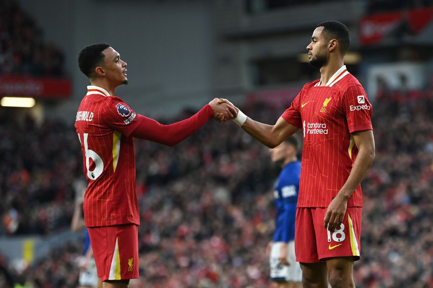 Cody Gakpo and Trent Alexander-Arnold celebrate scoring against Ipswich