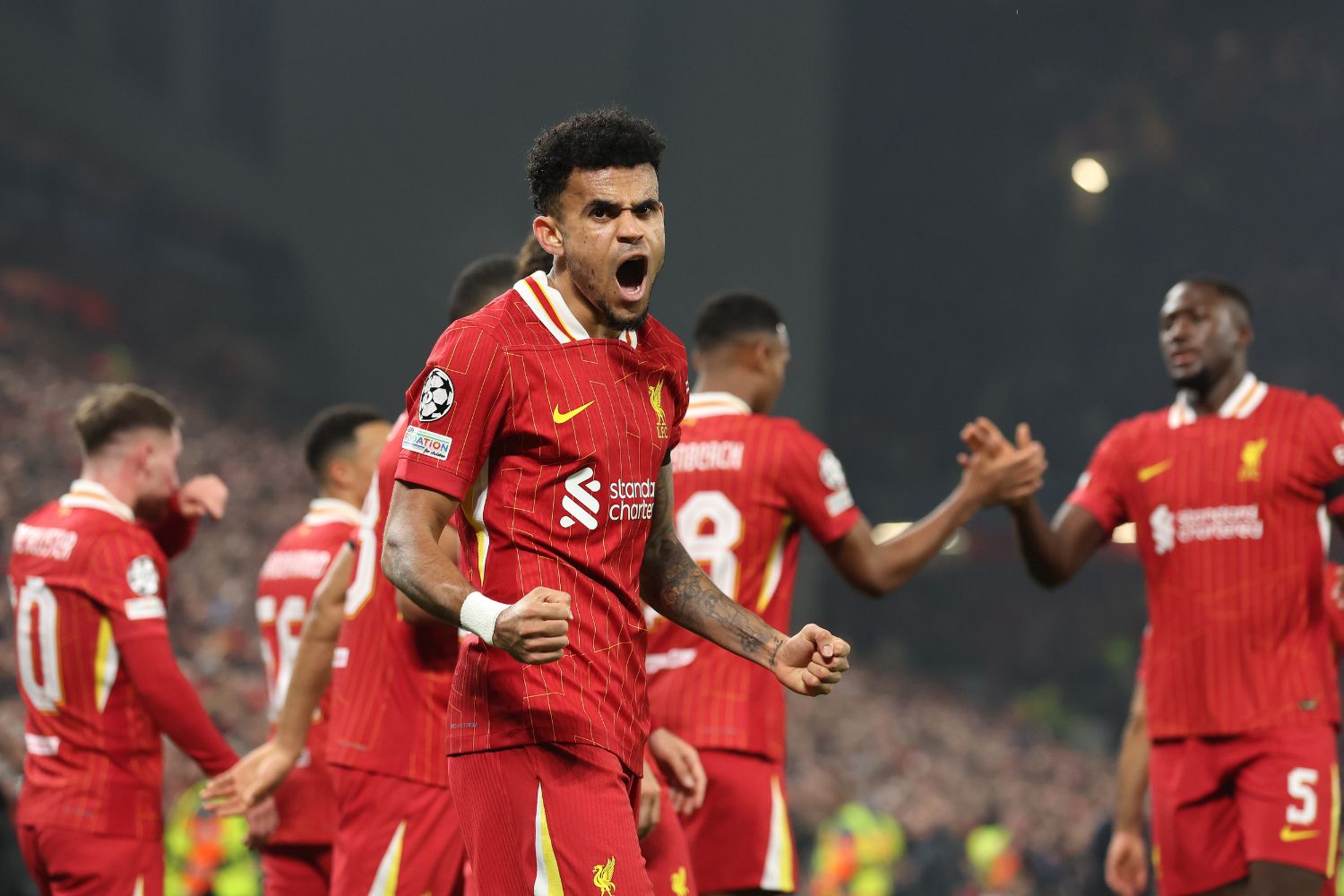 Luis Diaz celebrates scoring in the Champions League