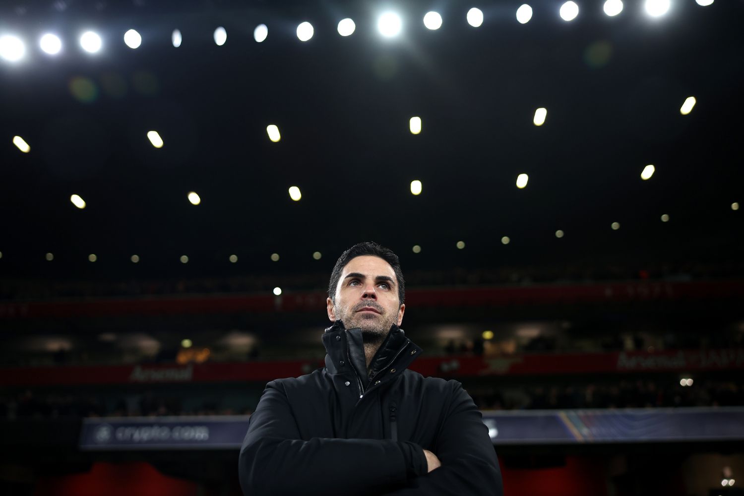 Mikel Arteta watches Arsenal in the Champions League
