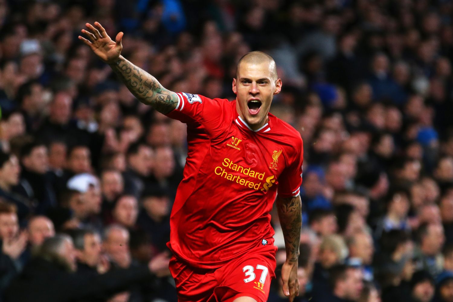 Martin Skrtel celebrates scoring for Liverpool