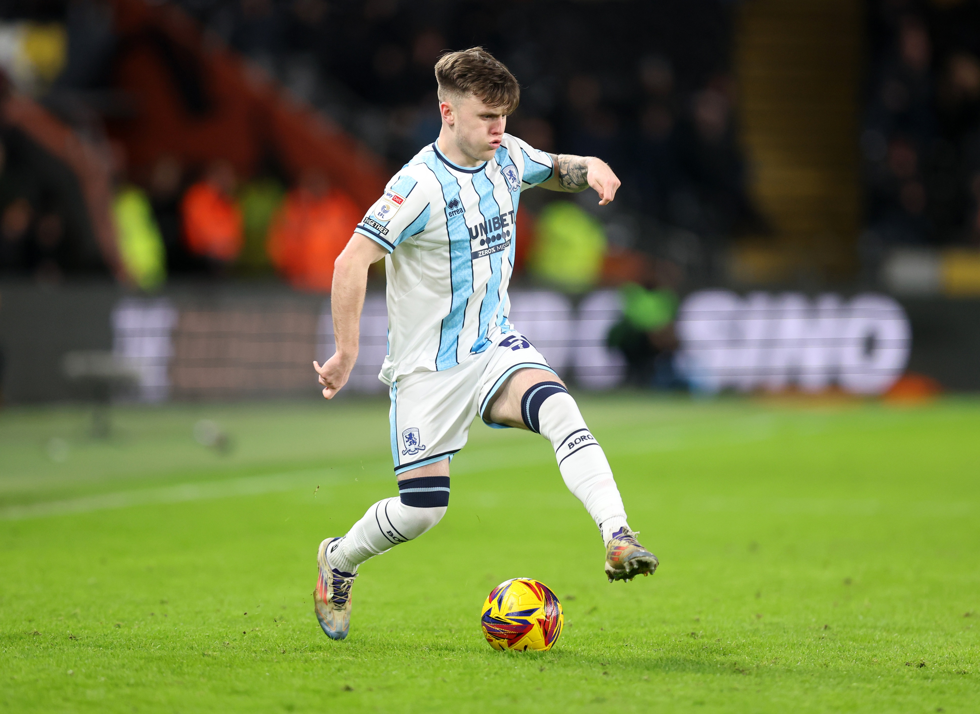 Ben Doak dribbles with the ball during Hull City v Middlesbrough FC at MKM Stadium.