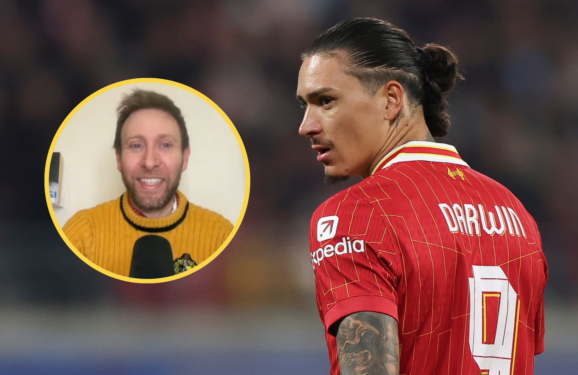 Darwin Nunez looks at a picture of transfer news journalist Ben Jacobs.