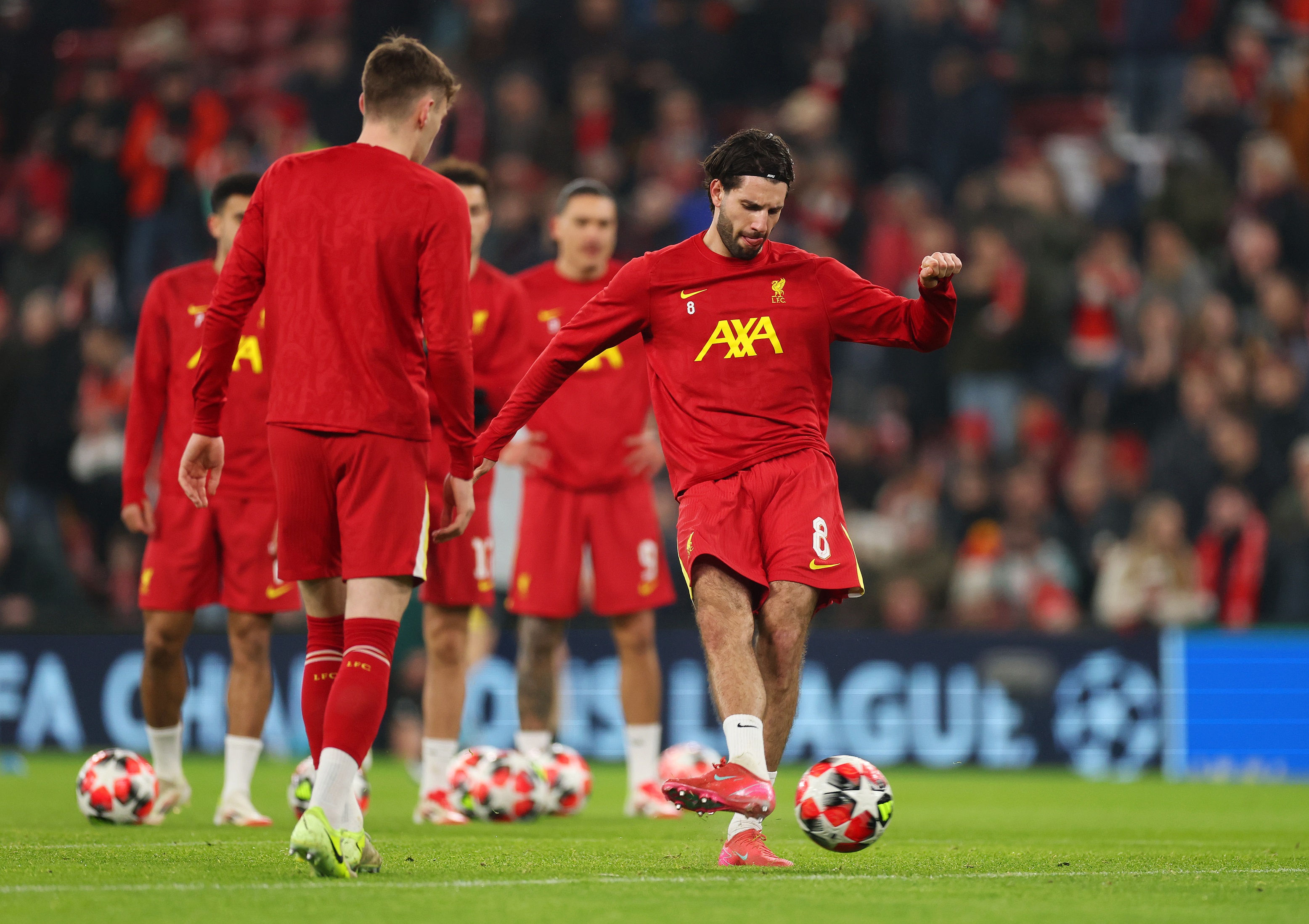 Dominik Szoboszlai warms up with a ball ahead of Champions League action.