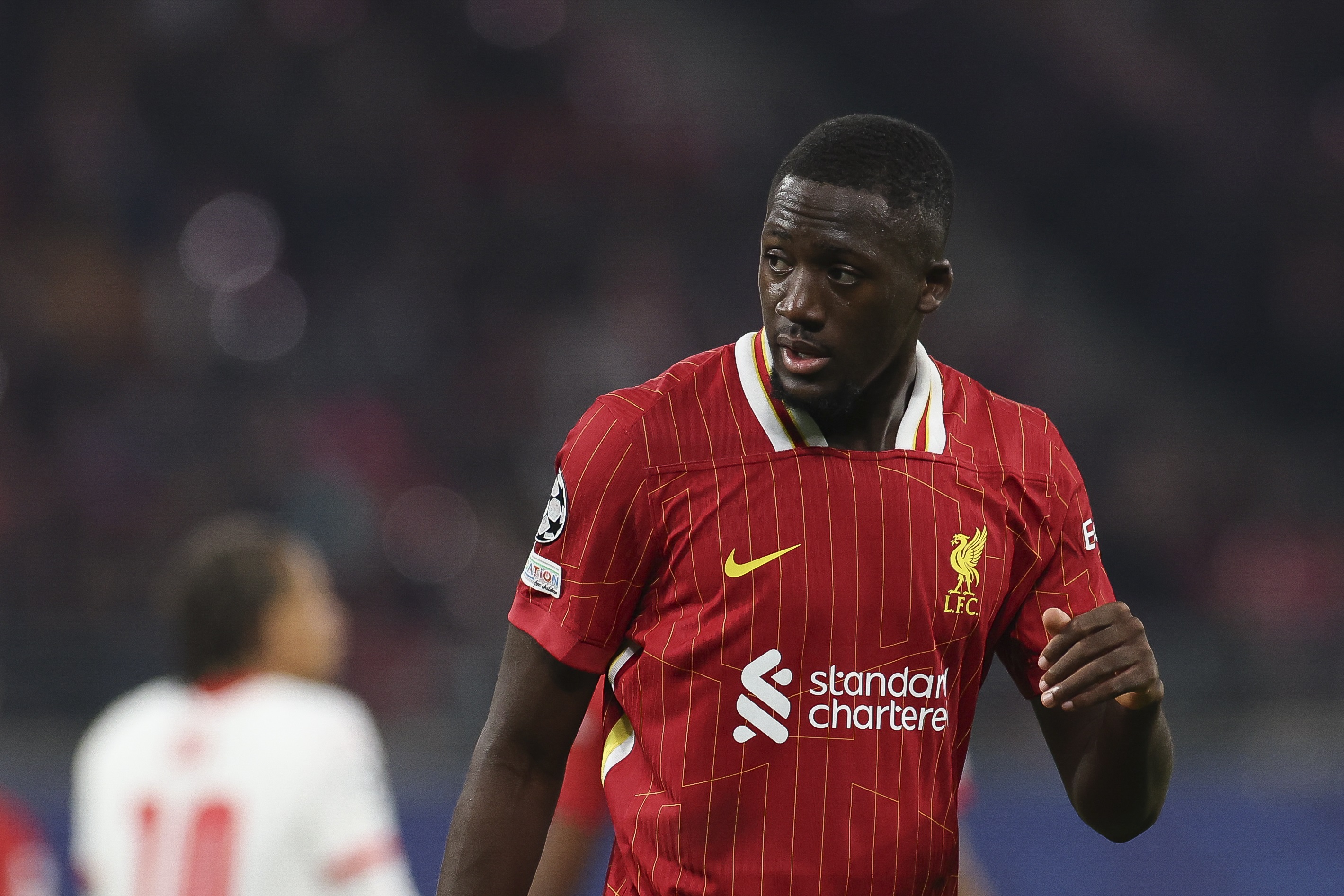 Ibrahima Konate looks over to the side during Champions League game against Red Bull Leipzig.