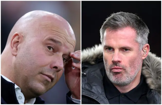 Arne Slot looks sheepish whilst Jamie Carragher looks on.