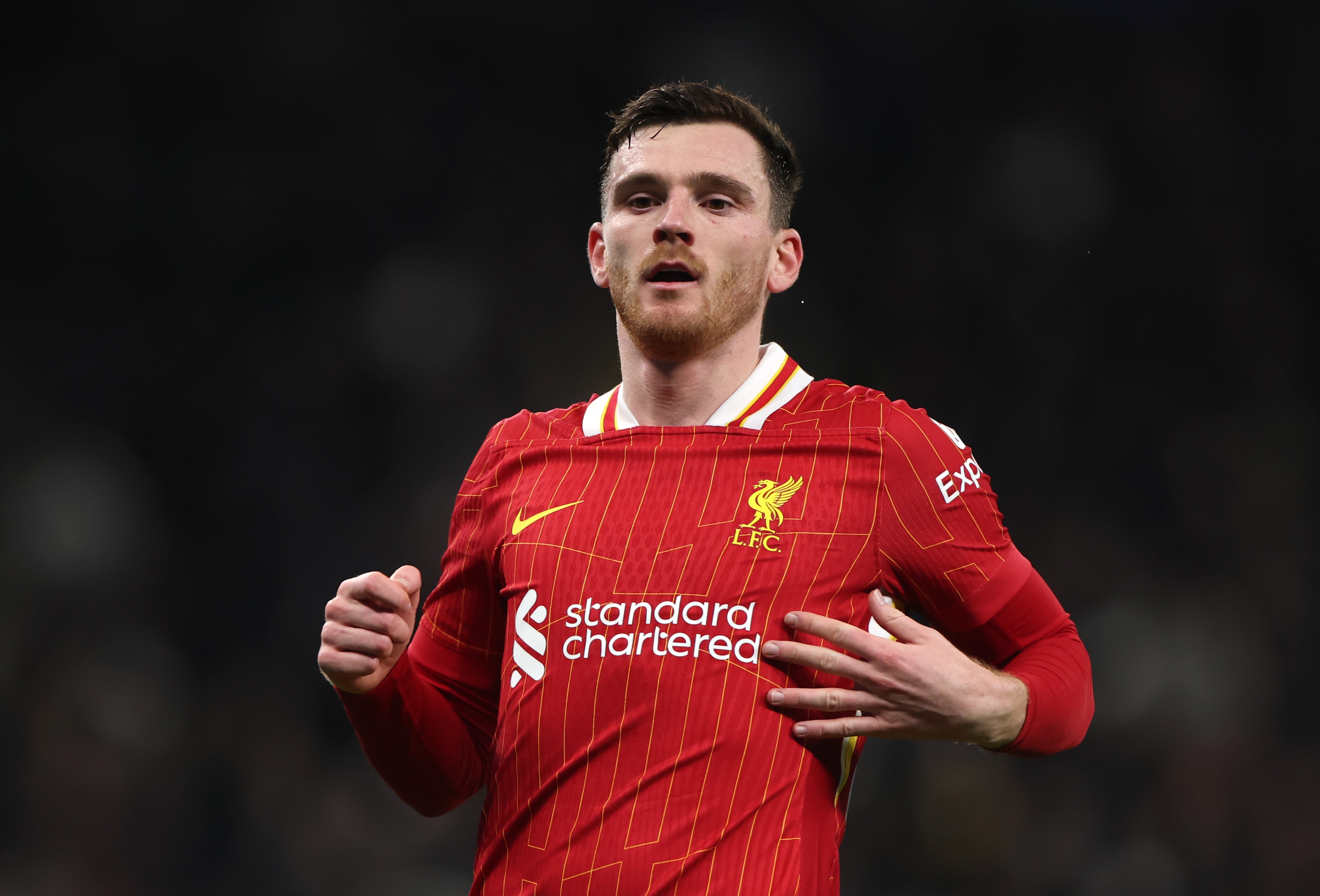 Liverpool defender Andy Robertson runs at the Tottenham Hotspur Stadium.