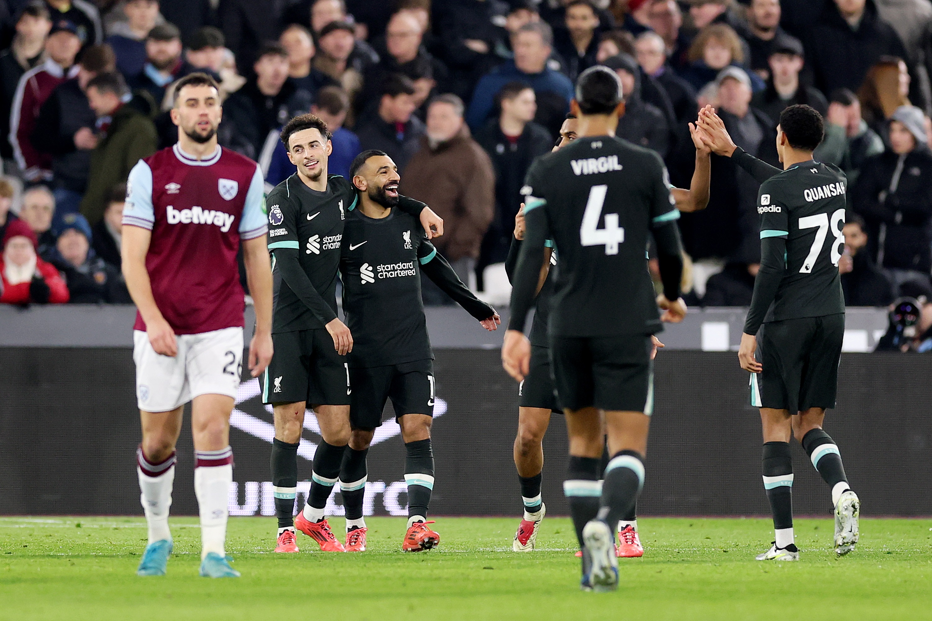 Mo Salah celebrates scoring against West Ham in London.