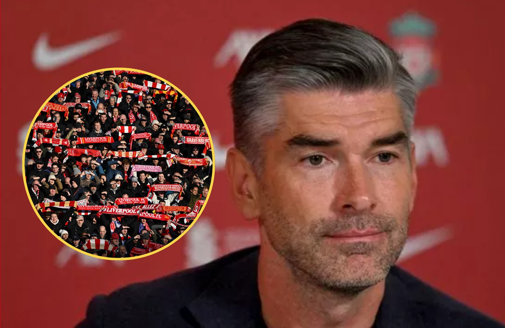 Richard Hughes smiles at Liverpool press conference next to picture of fans.
