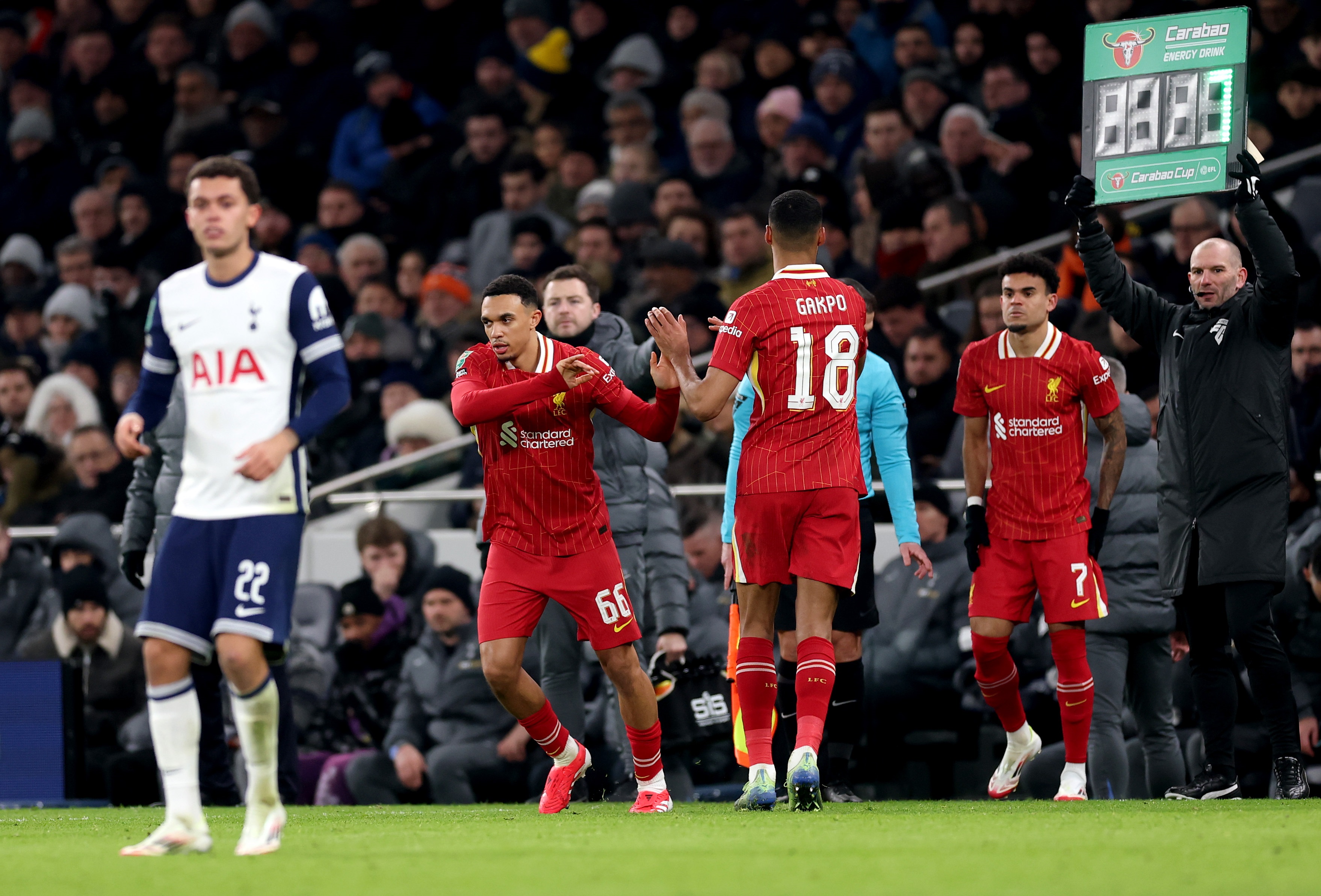 Trent Alexander-Arnold subs on to the pitch against Tottenham.