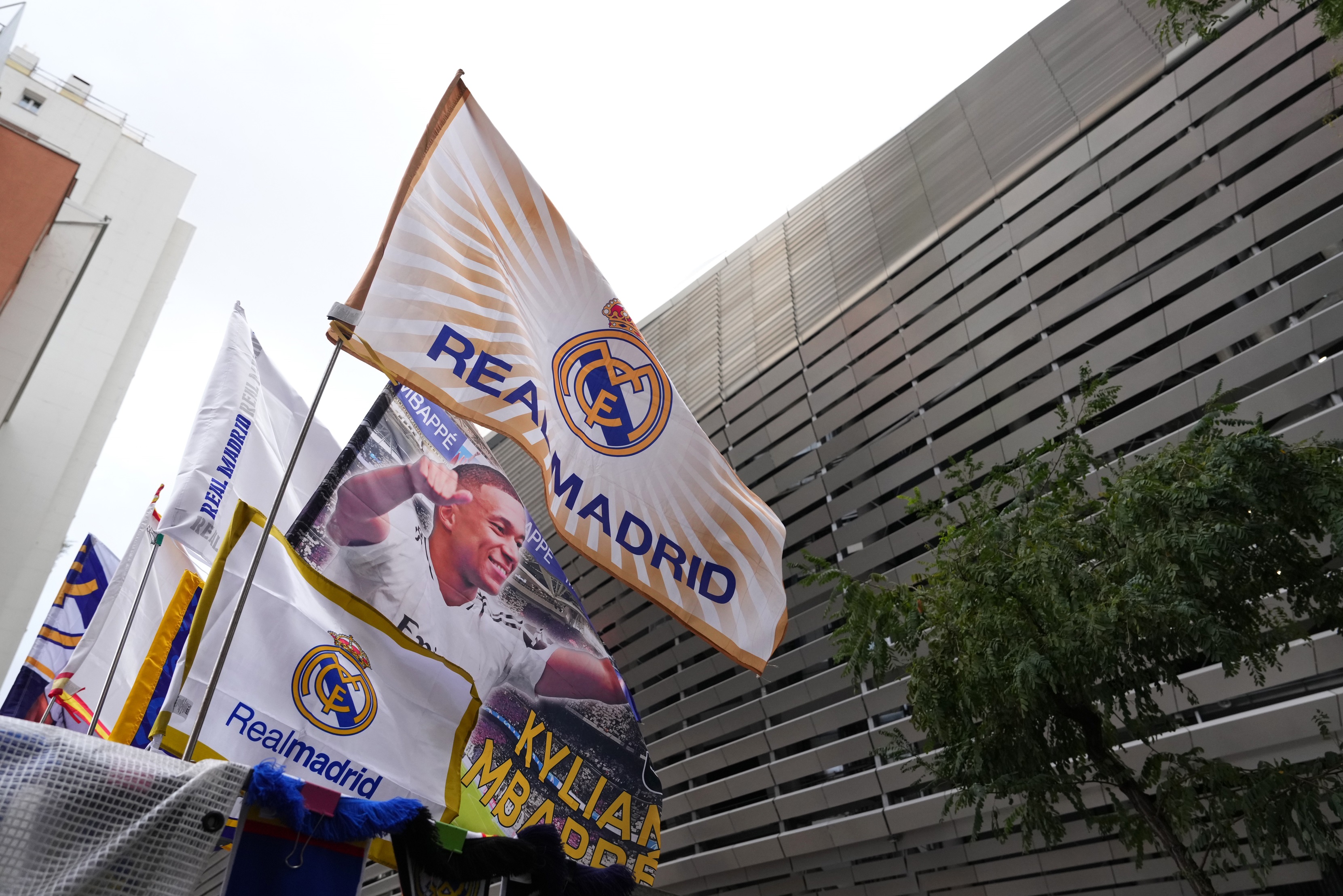 Real Madrid flags on display outside the Estadio Santiago Bernabeu.