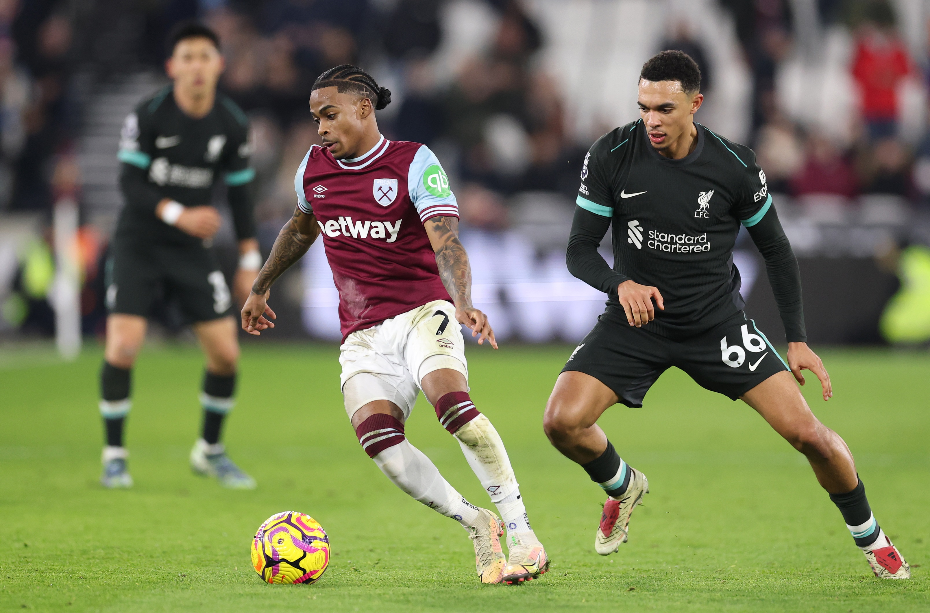 Trent Alexander-Arnold chases Crysencio Summerville during Liverpool v West Ham.