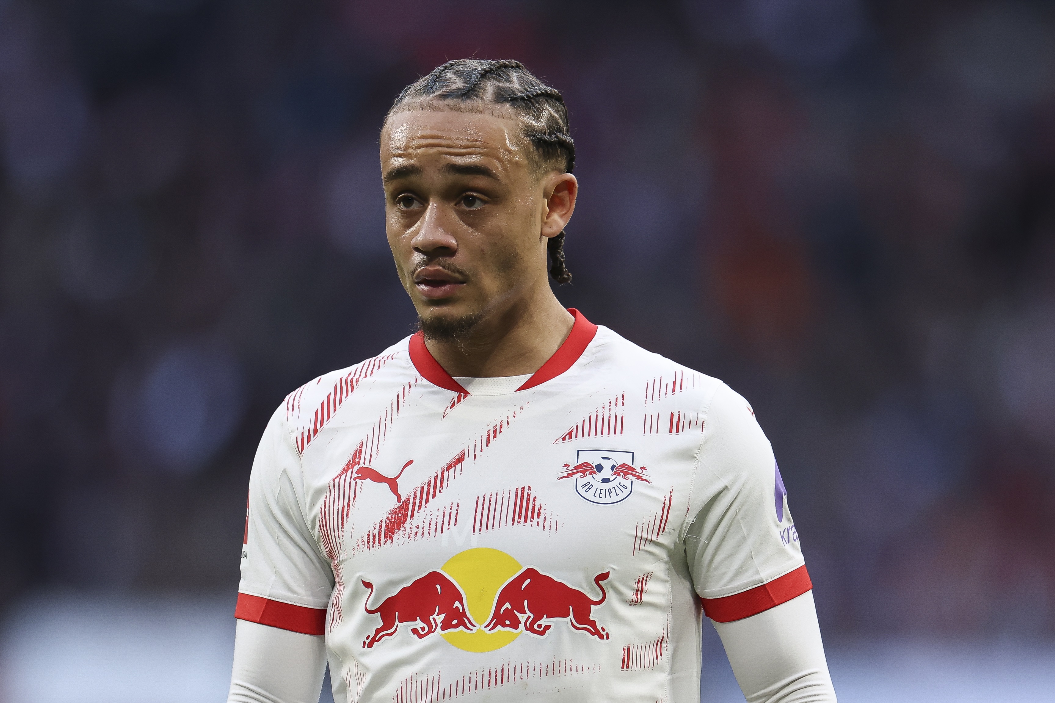 Xavi Simons looks on during the Bundesliga match between RB Leipzig and Bayer Leverkusen.