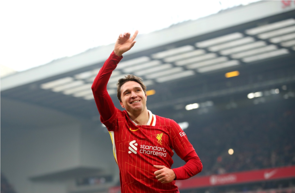 Federico Chiesa celebrates scoring his first goal for Liverpool