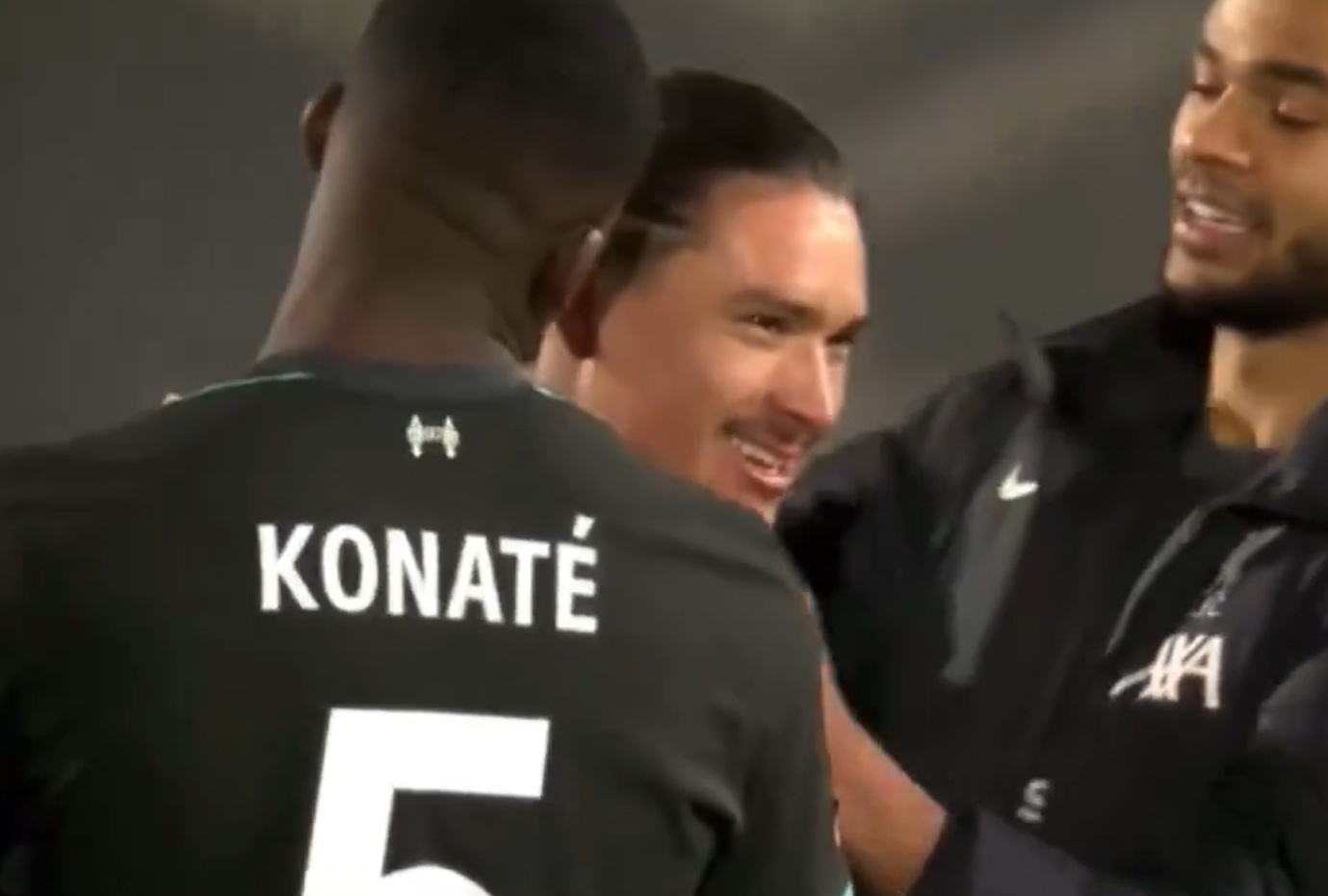 Darwin Nunez celebrates with his Liverpool teammates after the dramatic win over Brentford