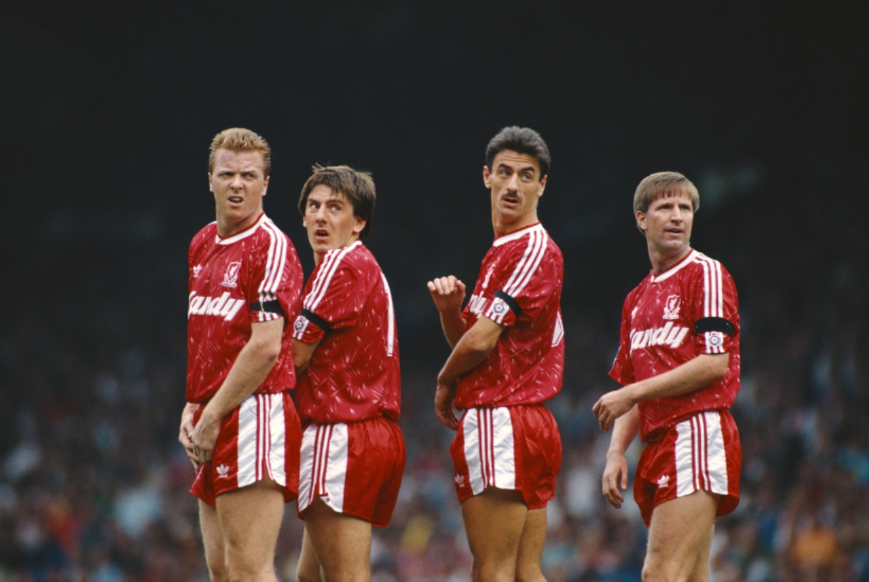 Steve Nicol, Peter Beardsley, Ian Rush and Ronnie Whelan in Liverpool's classic Adidas home shirt of 1989-91