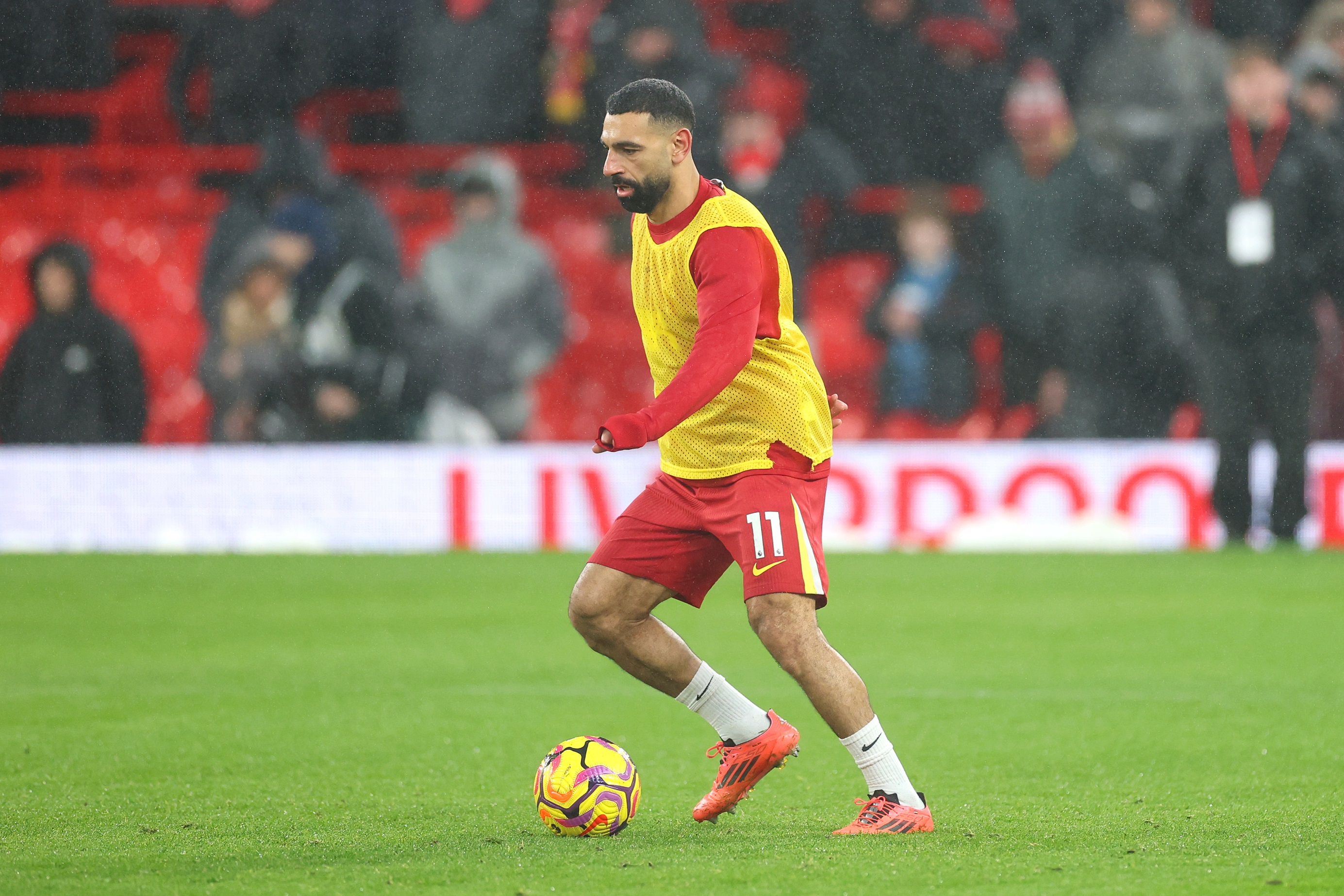 Mo Salah warms up with the ball at Anfield ahead of Manchester United game.