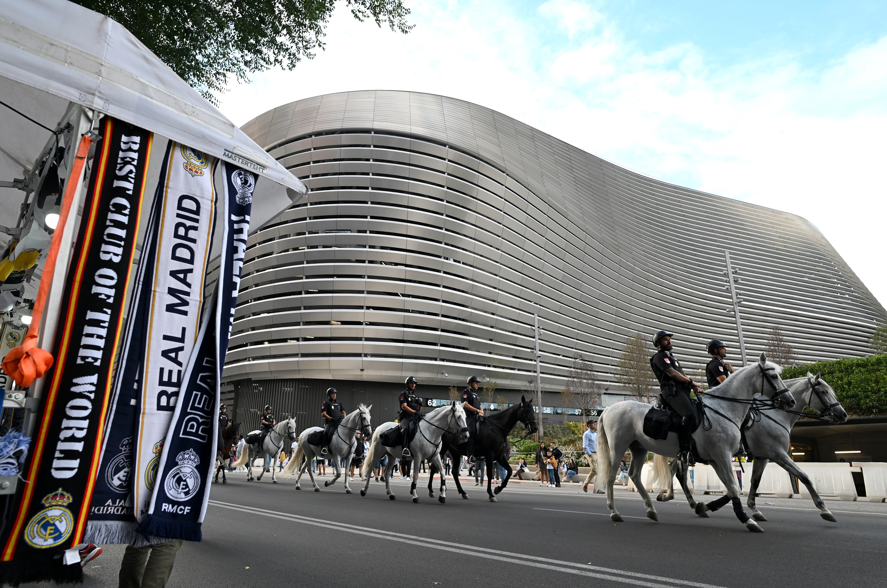 Mounted Spanish police patrol outside the Estadio Santiago Bernabeu ahead of Real Madrid v Deportivo Alaves.