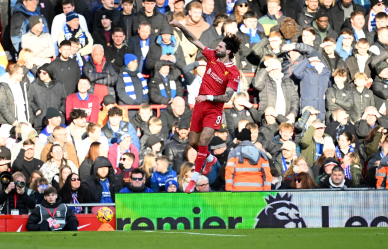 Dominik Szoboszlai celebrates scoring against Ipswich