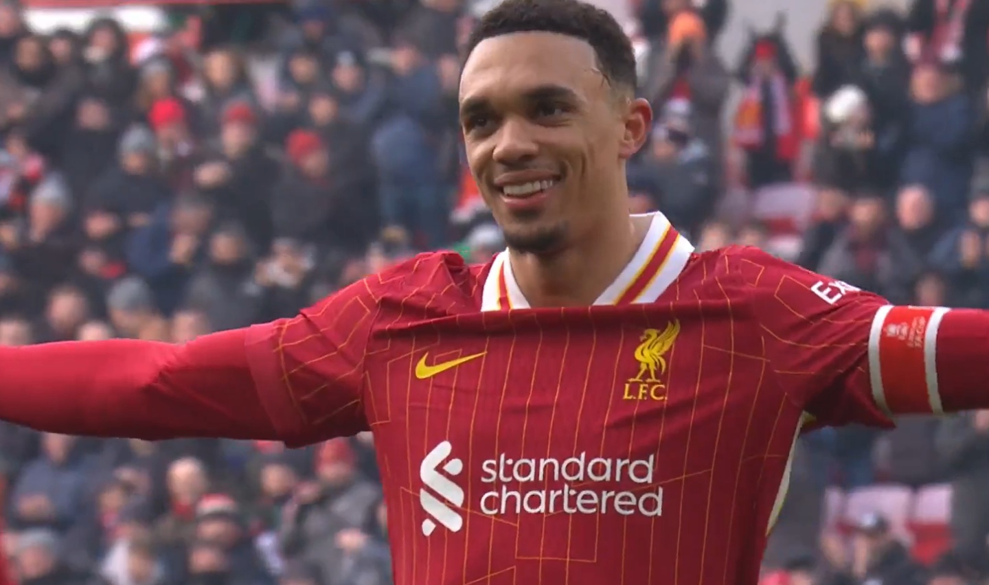 Trent celebrates his stunning goal against Accrington