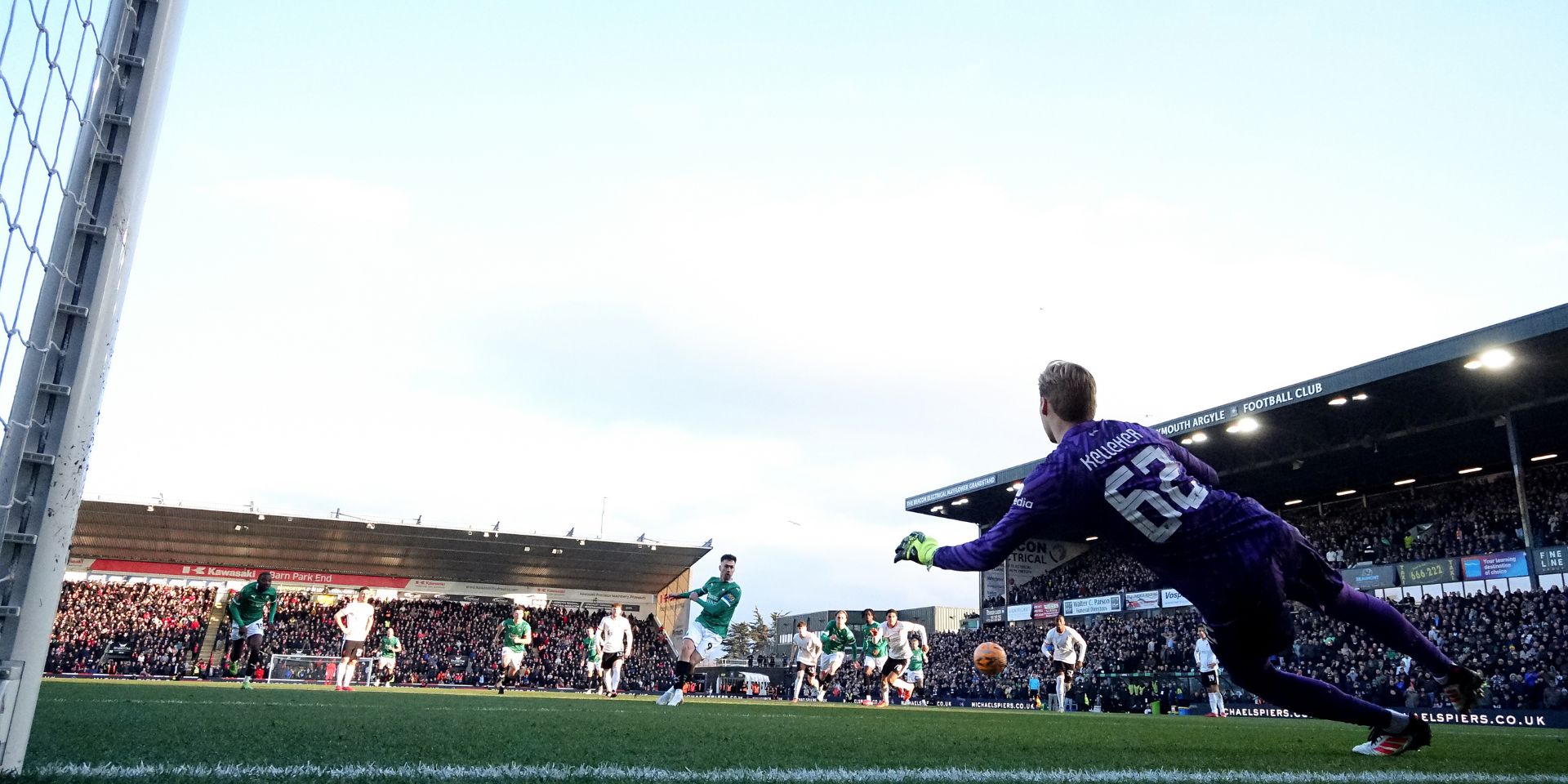 Caoimhin Kelleher is beaten from the spot against Plymouth