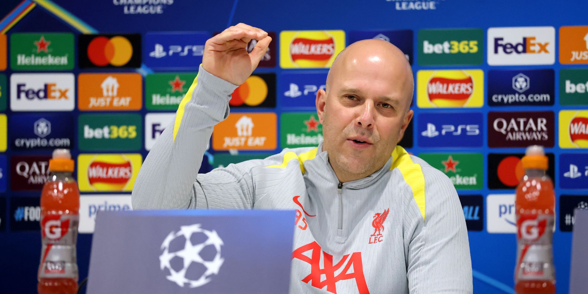 Arne Slot addresses the media on Champions League duty