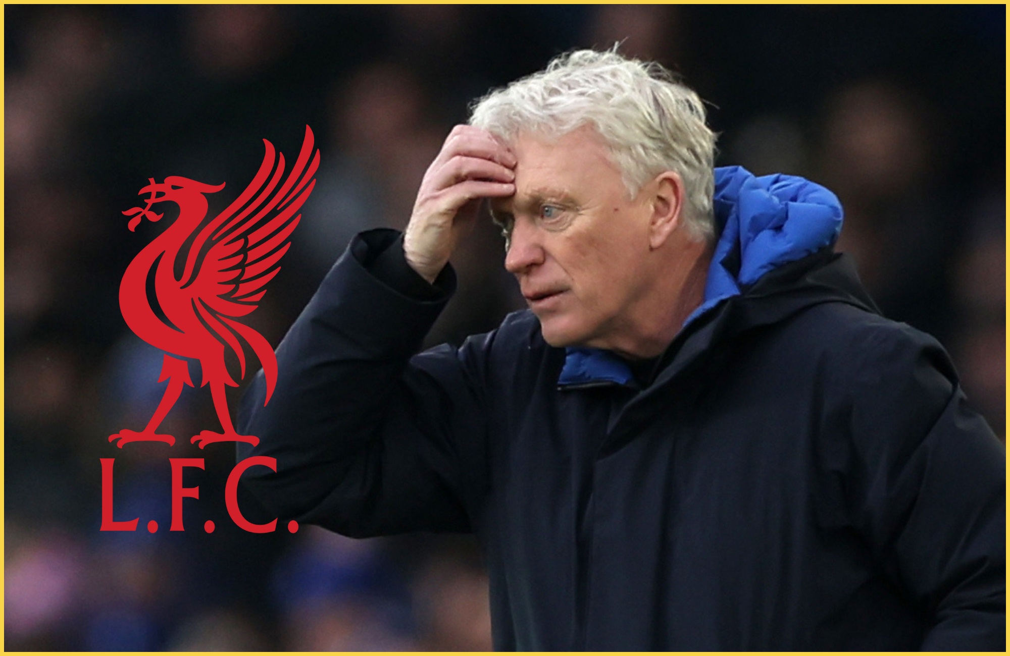 David Moyes rubs his forehead looking at the Liverpool club crest.
